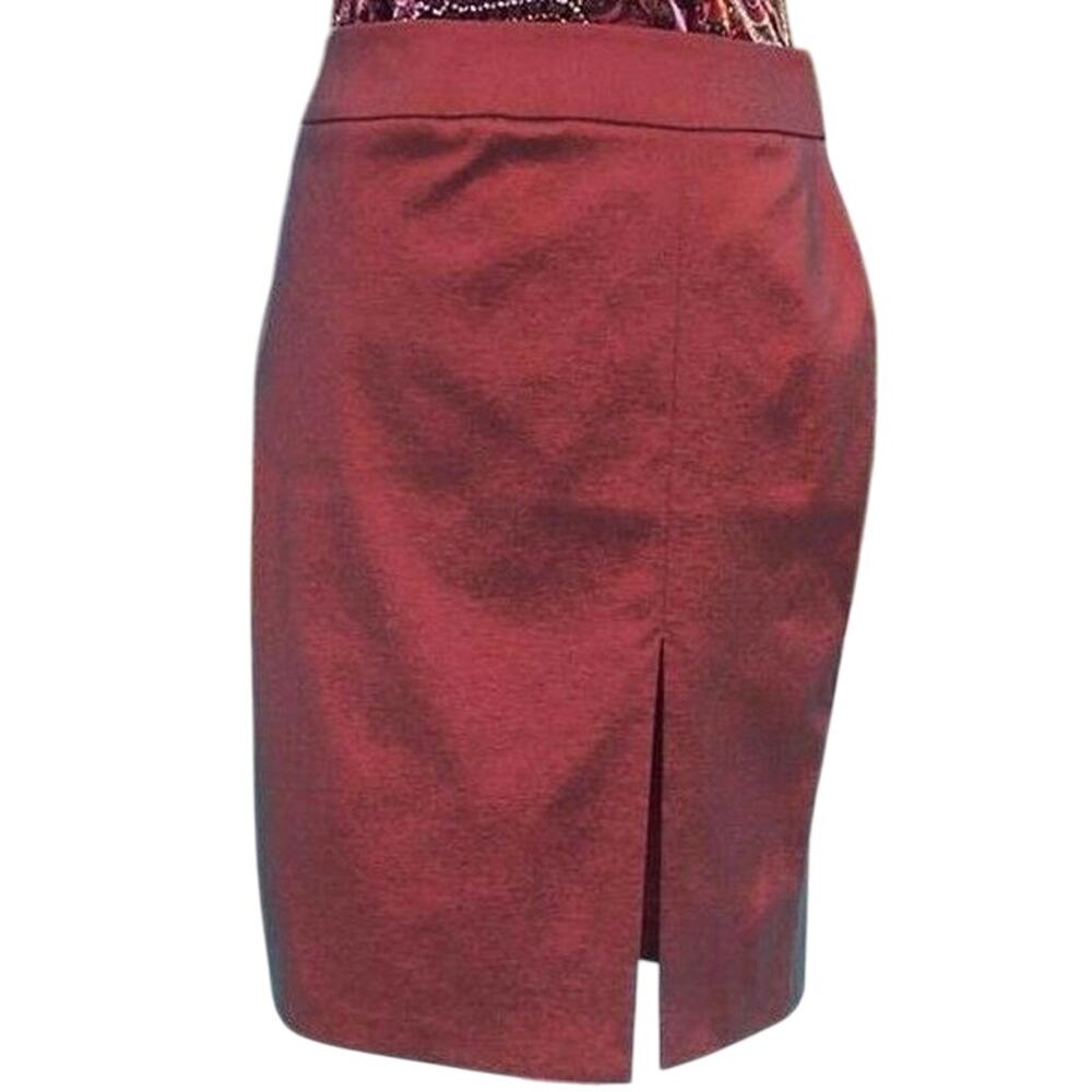 Cache Cranberry Metallic Sheen 9" Slit Evening Day Pencil Skirt Stretch $118 NWT